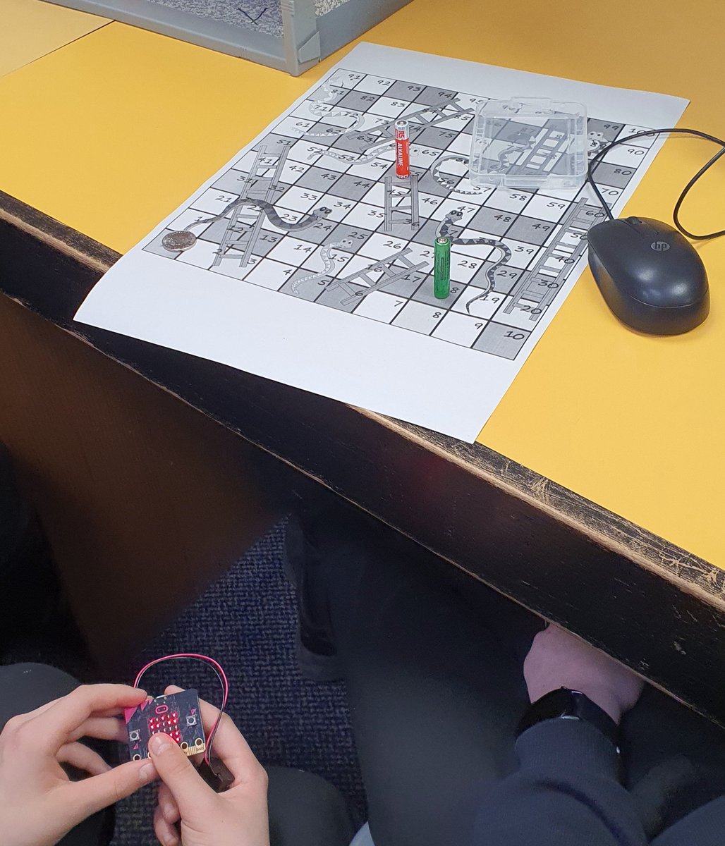 @gacomputing s2 pupils learning all about selection and random on the BBC microbit. Used microbit classroom to give them the blocks and they put it all together, downloaded to a microbit and enjoyed a game of snakes and ladders using the microbit as a dice!