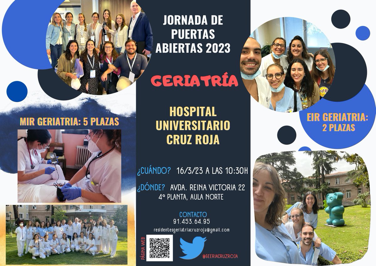 Os invitamos a asistir a las Jornadas de Puertas Abiertas de <a href="/GeriaCruzRoja/">Geriatria Hospital Cruz Roja</a>.

🗓️Jueves 16 de marzo
⏰10:30h
📍Hospital Universitario Cruz Roja

MIR Geriatría: 5 plazas, EIR Geriatría: 2 plazas.

👉🏻bit.ly/3kzXrIj