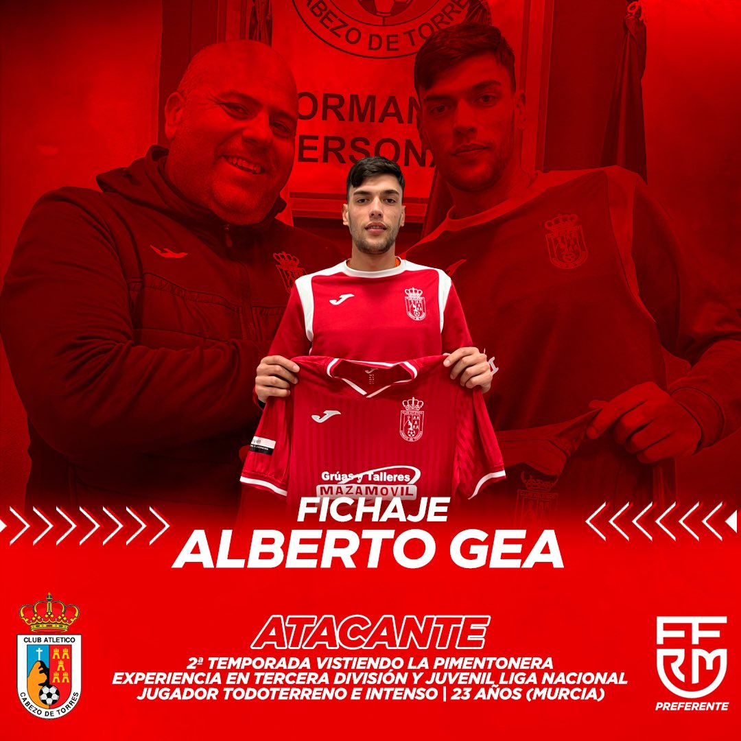 OFICIAL 🚨|

Alberto Gea, regresa a casa para reforzar el ataque del Preferente.

Se trata de un jugador todoterreno en la parcela ofensiva, e intenso. 

➕2 temporadas vistiendo nuestros colores.
🔝Experiencia en Tercera.

¡BIENVENIDO!🙌🏻

#VamosCabezo
#SentimientoPimentonero🔴⚪️