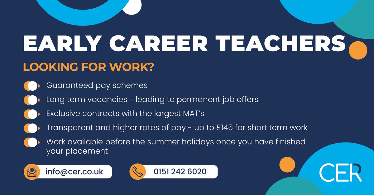 CALLING ALL ECT's !!!!! 
<a href="/CerNorth/">CER Education - Liverpool & North Wales</a> are holding registration meetings for ECT's looking for work in the Summer Term and for September !
Get in touch with the team today for an informal chat about current vacancies 😀
☎️ 0151 242 6020
✉️ liverpool@cer.co.uk
#teachertwitter #ECT