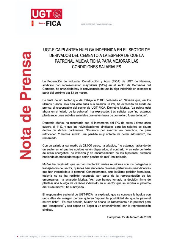 UGTFICANavarra's tweet photo. UGT-FICA plantea huelga indefinida en el sector de derivados del cemento a la espera de que la patronal mueva ficha para mejorar las condiciones salariales https://t.co/EFTN7n6J6o