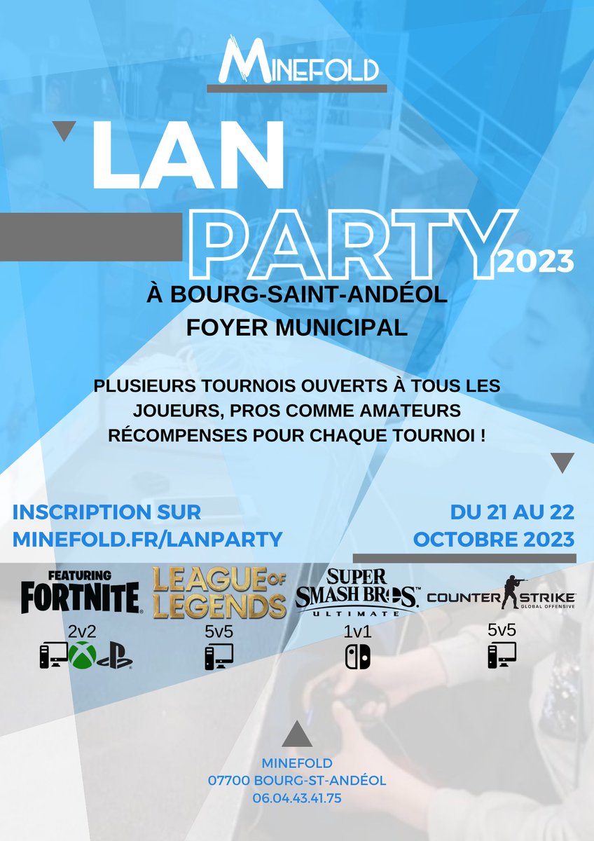 MinefoldCOM's tweet photo. LAN Party de Minefold les 21 &amp; 22 octobre à Bourg-Saint-Andéol ! Rejoignez nous pour des compétitions endiablées de #Fortnite, #LoL, #CSGO &amp; #SSBU. Inscrivez vous dès maintenant ! #MinefoldLAN #JeuxVidéo #BourgSaintAndéol 🎮🔥
https://t.co/OzI9IxgiGu https://t.co/GEpzLUBfWg