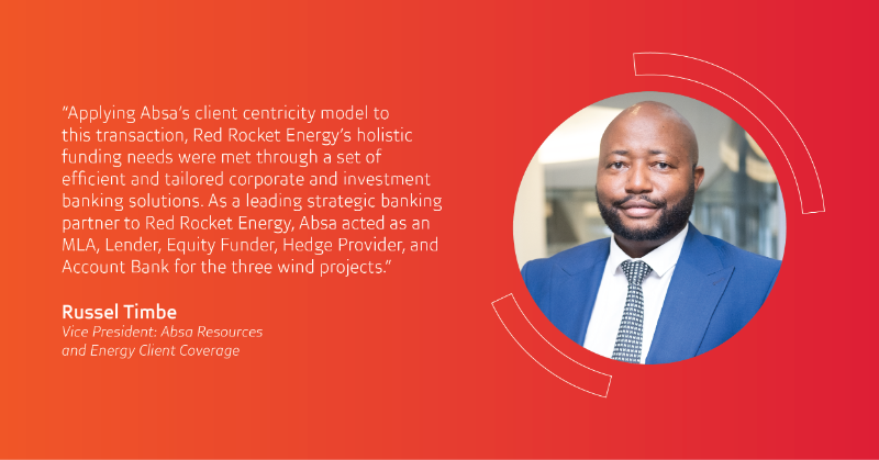 Absa_CIB's tweet photo. We are proud to have acted as a mandated lead arranger and lender for three Red Rocket Energy (Pty) Ltd renewable energy projects, developed at a total estimated cost of R12 billion. #AfricaExpertise