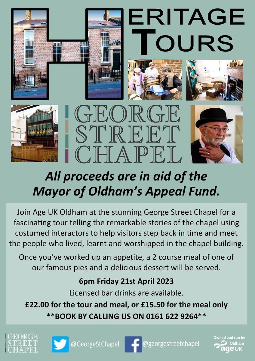 Mayor of Oldham’s fundraiser Heritage Tour and meal at <a href="/GeorgeStChapel/">George Street Chapel</a> 6pm 21st April 2023 <a href="/OldhamMayor/">Oldham Mayor</a> #fundraiser #history <a href="/OldhamCouncil/">Oldham Council</a>