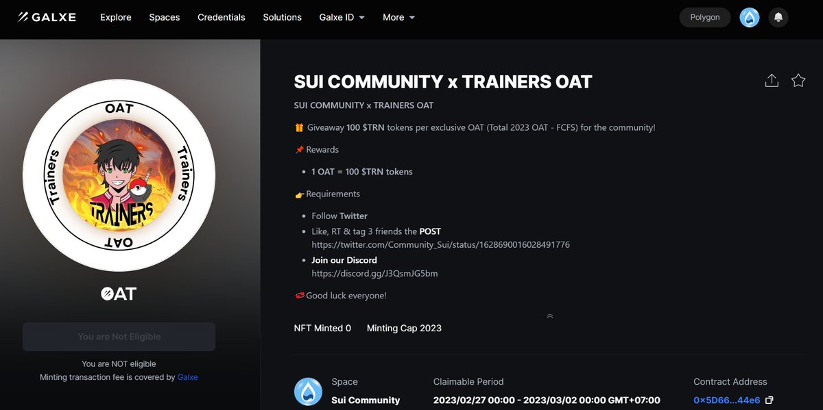 SUI COMMUNITY x <a href="/Trainers_Nfts/">Trainers</a> OAT😍

🎁 Giveaway 100 $TRN tokens per exclusive OAT (Total 2023 OAT - FCFS) for the community!

🔗Claim OAT
galxe.com/suicommunity/c…

📌Rewards
1 OAT = 100 $TRN tokens

Like &amp; RT to get started🙏Don't miss this opportunity!

#Sui #SuiNetwork #OAT