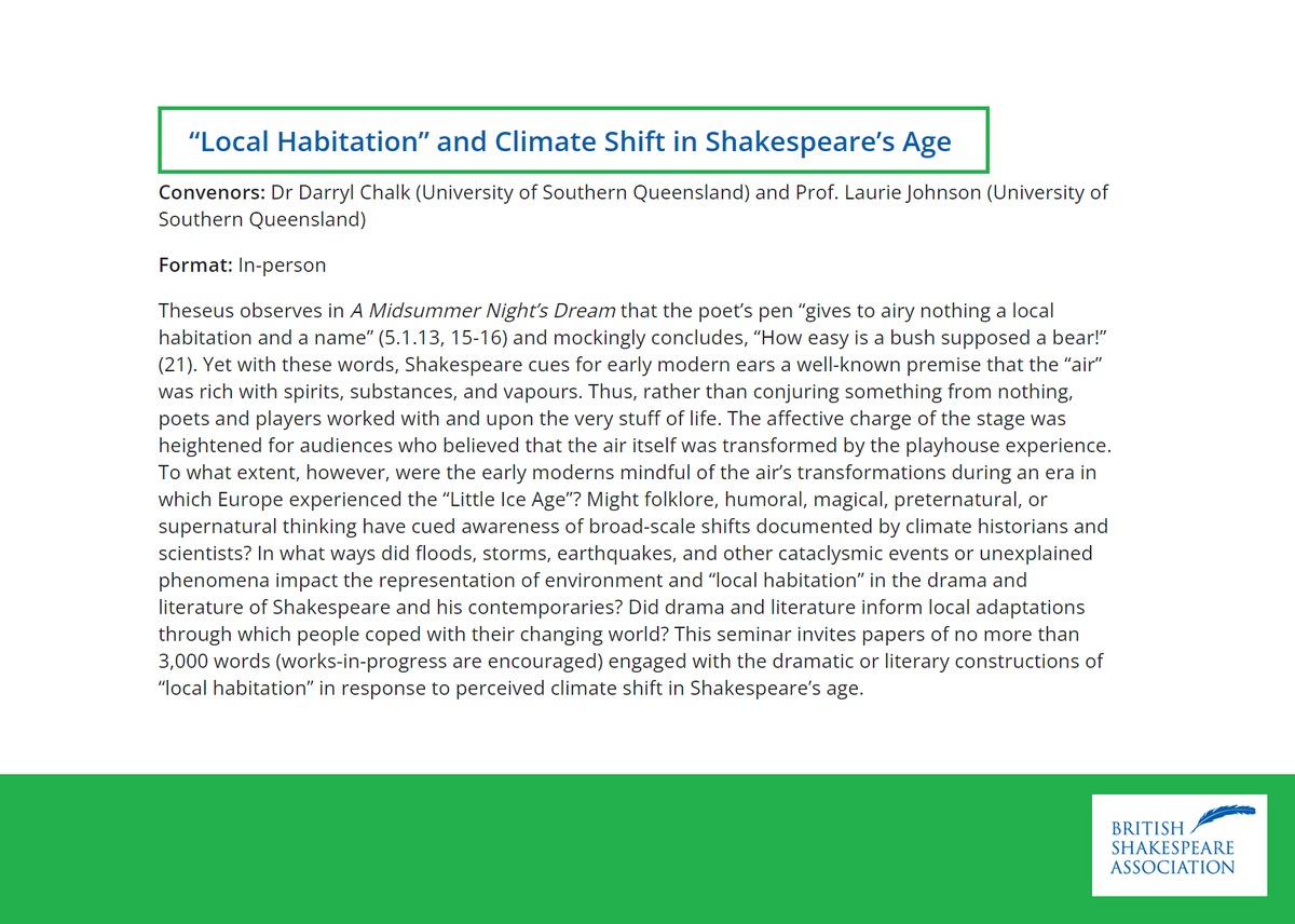 We need more peeps to make this seminar viable <a href="/BSA_Conference/">British Shakespeare Association 2026 Conference</a> in July so if you have any work on early modern drama and nature, environment, or all things supernatural, we'd love to have you involved. The seminar enrolment deadline is extended to 4 March, so bring it, yeah!