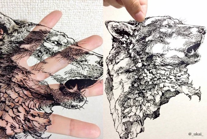 オオカミの切り絵 #過去作品あげて最近繋がった人びっくりさせよう大会2016年くらいの作品なので当時画力が低いなどの指摘もあったのですが、個人的にはその時にしてはかっこよく描けて切り絵にもできたのでとても気に入ってます 
