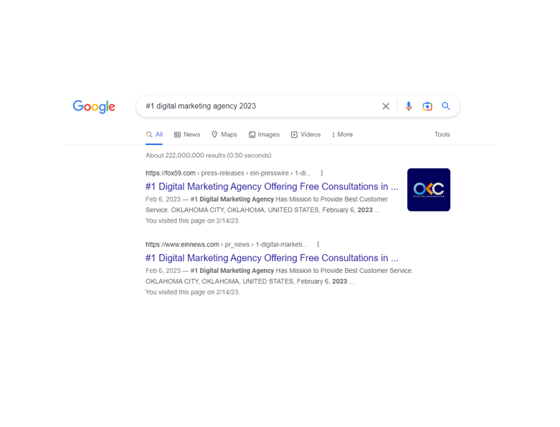 OKCAIWebDesign's tweet photo. Press releases are a great way to get found at the top of Google for specific search phrases.

This search was done on 2/16/2023.

The EIN Presswire has helped us stay at the top for the following search phrase:

#1 digital marketing agency 2023

https://t.co/p2DUEbjkDf https://t.co/ALwzXUBXLD