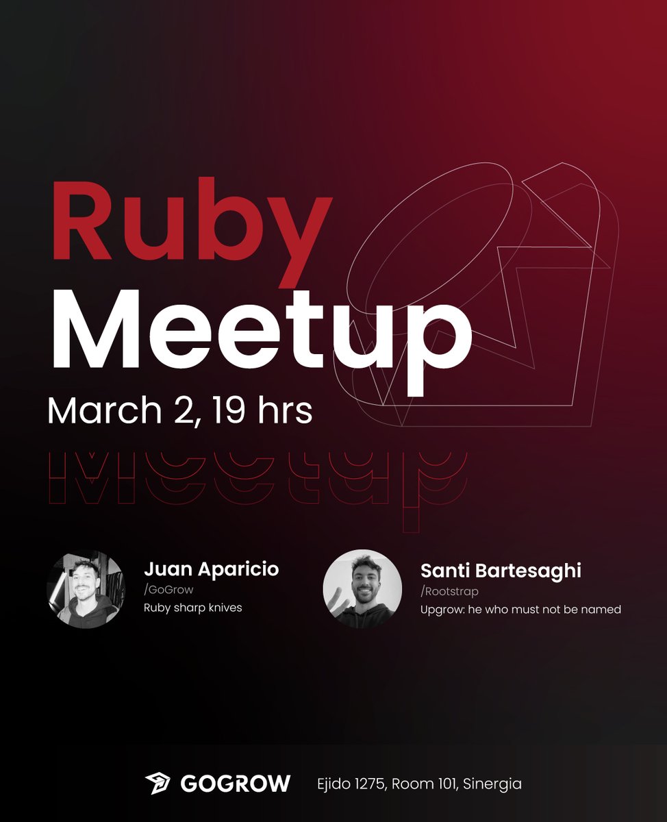 📣 ¡#Ruby #Developers en #Montevideo! Este jueves 2 de marzo recibimos la Ruby #meetup en <a href="/gogrow_dev/">GoGrow</a>  Podés anotarte en este link: lnkd.in/d5pCiXa3 ¡Los esperamos! 💎