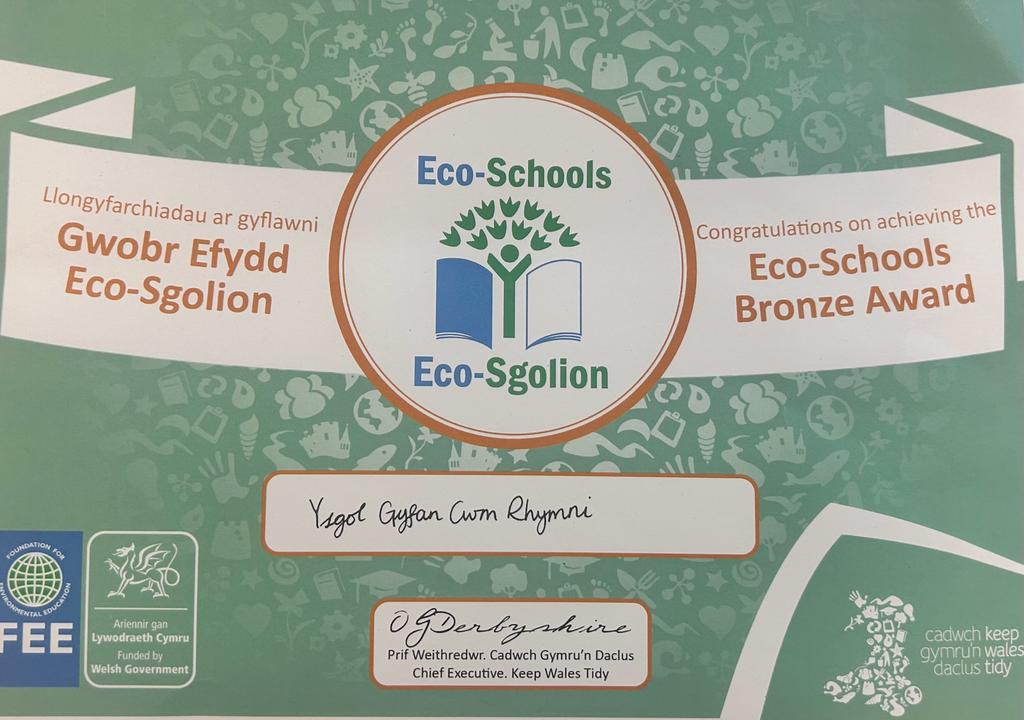 Very proud to announce that we have achieved the Bronze Eco-Schools Award! A big thank you to our Eco sub-comittee and our Eco Club for all their hard work! <a href="/Cwmrhymni/">YG Cwm Rhymni</a> <a href="/EcoSchoolsWales/">Eco-Schools Wales</a> @FEEInt  <a href="/Keep_Wales_Tidy/">Keep Wales Tidy</a>