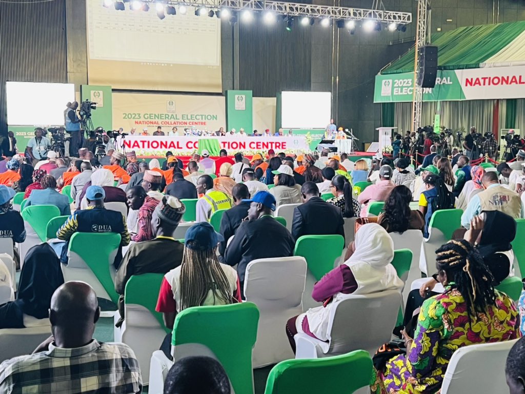 inecnigeria's tweet photo. Activities have resumed at the National Collation Centre, Abuja. The Collation Officers for Kwara and Ondo States have just presented their Presidential Election results.
#NigeriaDecides2023 https://t.co/L7YolMTgoe