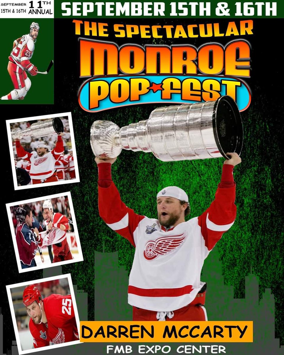MonroeComicCon's tweet photo. Excited to announce our good friend 4 time Stanley Cup Champion Darren McCarty will be a guest at Monroe Pop Fest 11 this September!! #NHL #detroitredwings #grindline #comicbook #dmac #darrenmccartybrand #enforcer #Michigan #Detroit #ComicCon https://t.co/GbBPa5G7yU