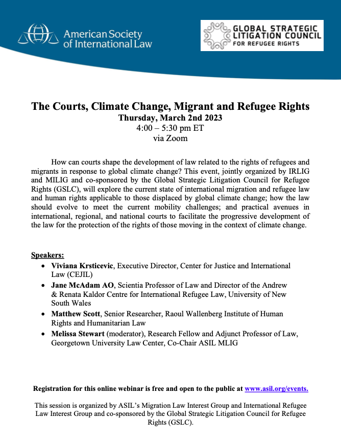 asilorg_mlig's tweet photo. Have you registered yet? This Thursday March 2, 4-5:30 PM EST : The Courts, Climate Change, Migrant and Refugee Rights

All star line-up of panelists w @profjmcadam @matthewscott111 @ViviKrsticevic and moderated by @StewartMelissa0

Don't miss it! https://t.co/LeiIDFBMRz
@asilorg https://t.co/rrUcYmhtJO