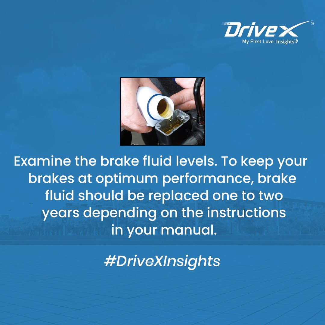 Examine the brake fluid levels. To keep your brakes at optimum performance, brake fluid should be replaced one to two years depending on the instructions in your manual.

#Drivex #BikePerformance #BikeMaintenance #DriveXInsights #BikeTips #MaintenanceTips