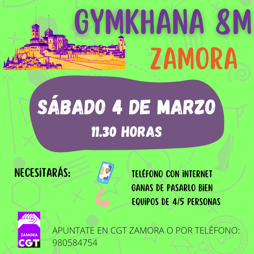 cgt_zamora's tweet photo. 🤸‍♀️🏃‍♂️👫👭👬Animate a participar en la Gymkhana del 8M. ¿Podrás superarla? Si quieres mas información, escríbenos. ES GRATUITA!! https://t.co/7o1bSO8LNR