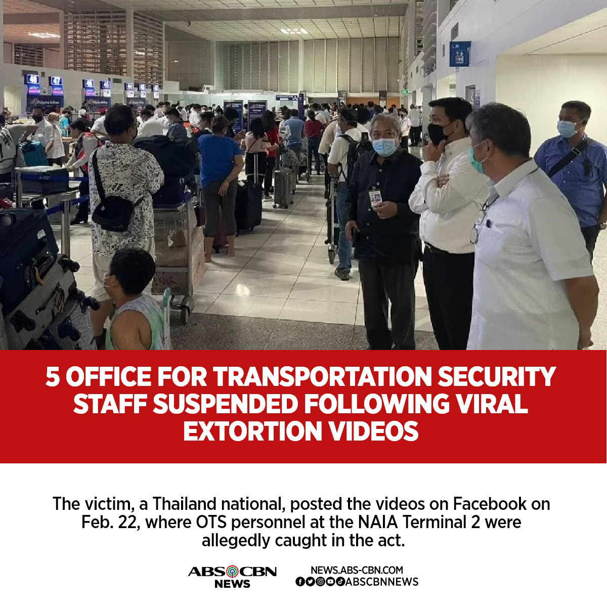 ABSCBNNews's tweet photo. An amount of ¥20,000 or ₱8,000 was allegedly extorted from the Thai national. In one of the videos that went viral, the OTS personnel was seen returning the money to the passenger while the Security Screening Officer was pleading to "delete the video." https://t.co/O8F6qRQ4pk
