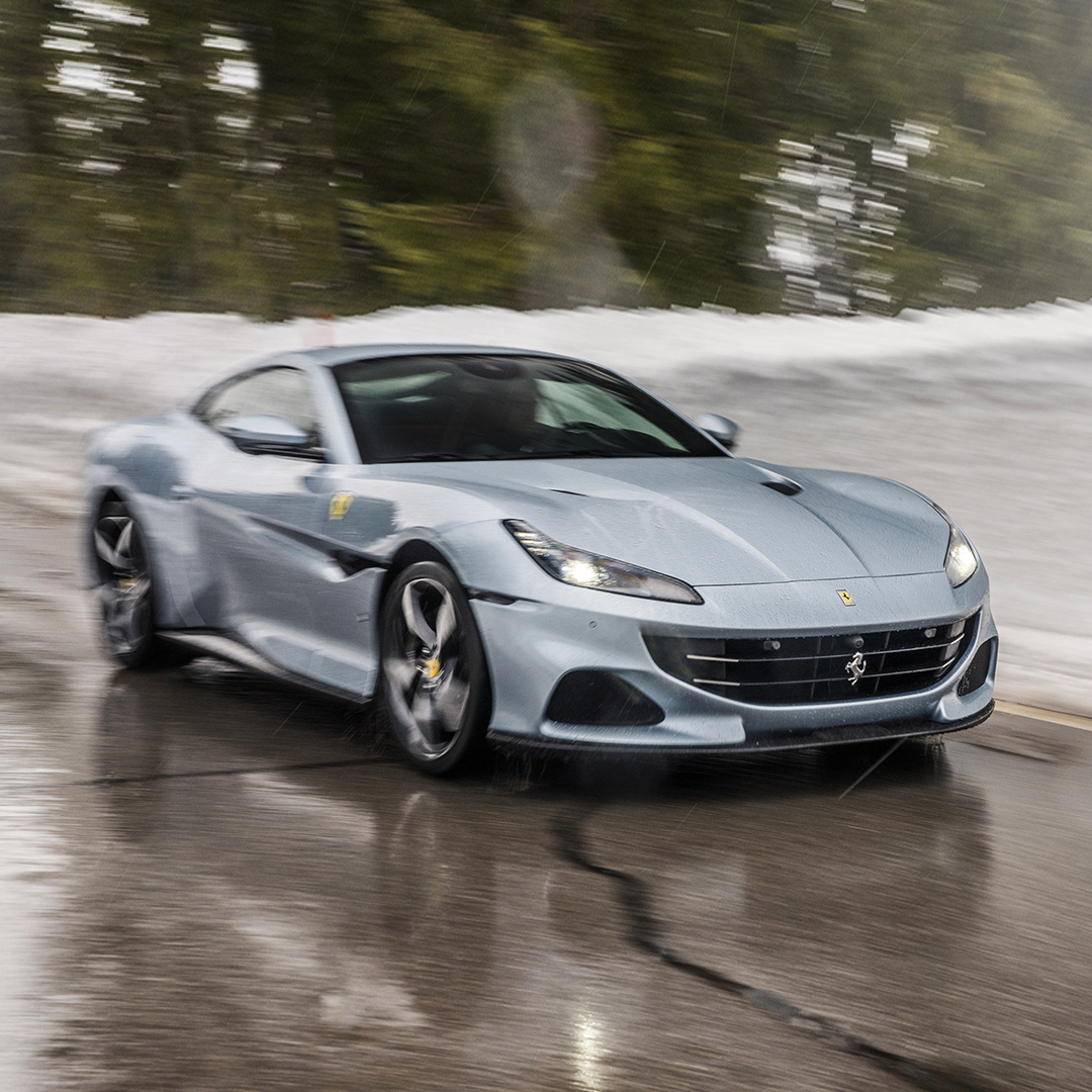 The #FerrariPortofinoM showcases its power in a winter wonderland of adventure. #Ferrari #DrivingFerrari