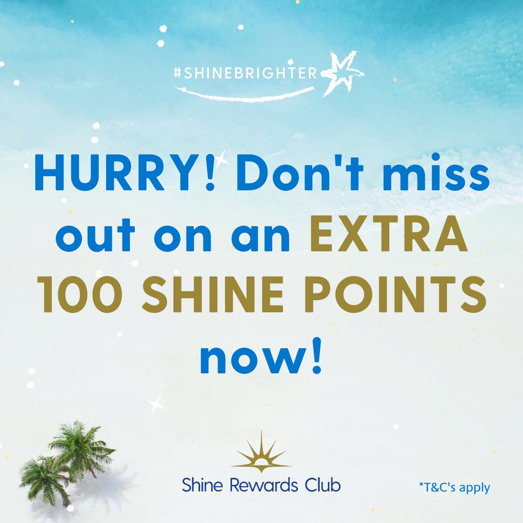 Hurry! Don't miss out on an extra 100 Shine points with EVERY Select Price booking made and submitted on Shine Rewards Club between 10 February and 6 March 2023. Spin your bookings here: bit.ly/3Z2tgIX