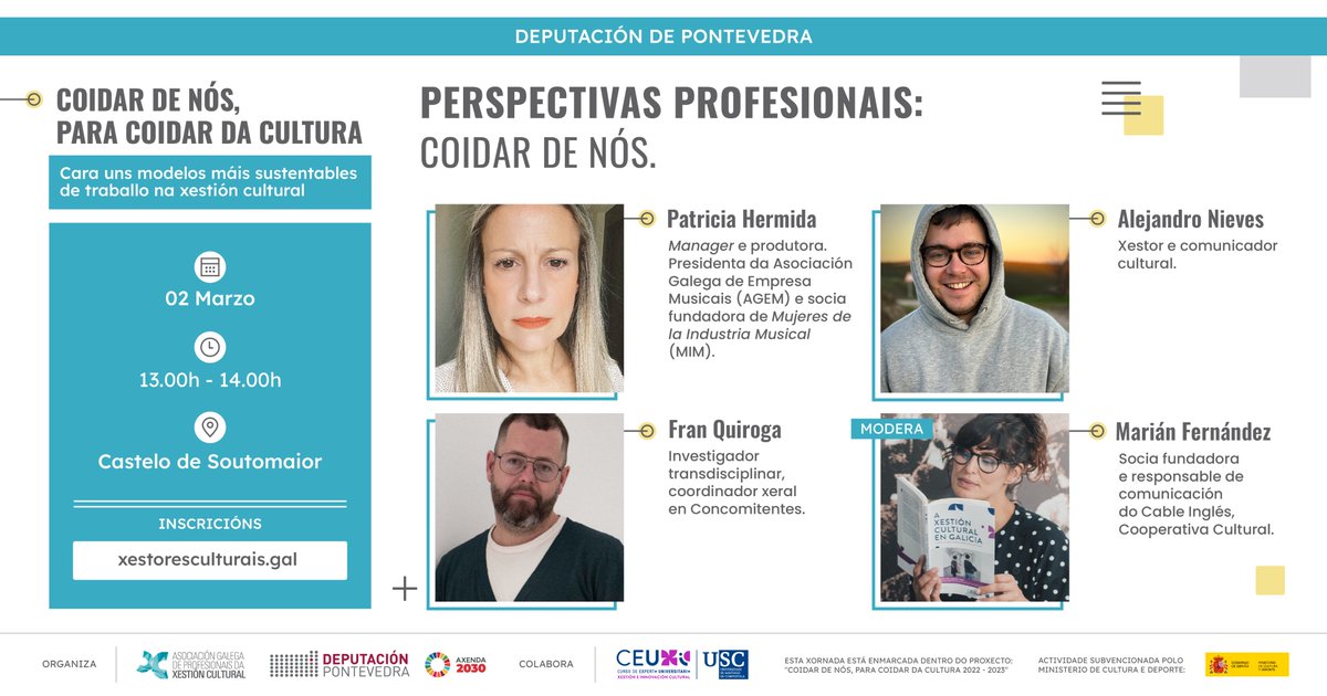 ➡COIDAR DE NÓS, PARA COIDAR DA CULTURA 
Xoves 02/03 con <a href="/depo_es/">Deputación Pontevedra</a>
 📌Castelo #Soutomaior 
🏃‍♀️Quedan media ducia de prazas, bule!
⏰Abrirase lista de agarda

Inscricións e programa completo:
xestoresculturais.gal
👩‍👩‍👦‍👦Prazas limitadas
🧏‍♀️Lingua de signos
#Axenda2030 #ODS8 #cultura