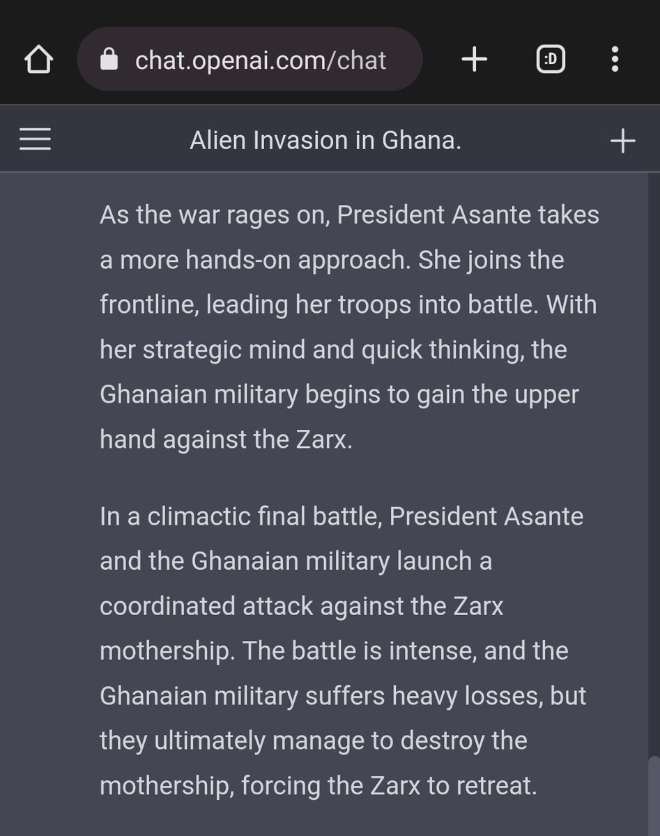 chrisdare_'s tweet photo. I asked #ChatGPT to write the plot of a sci-fi movie where the president of Ghana led the country to fight an alien invasion https://t.co/5CWM4afkzi