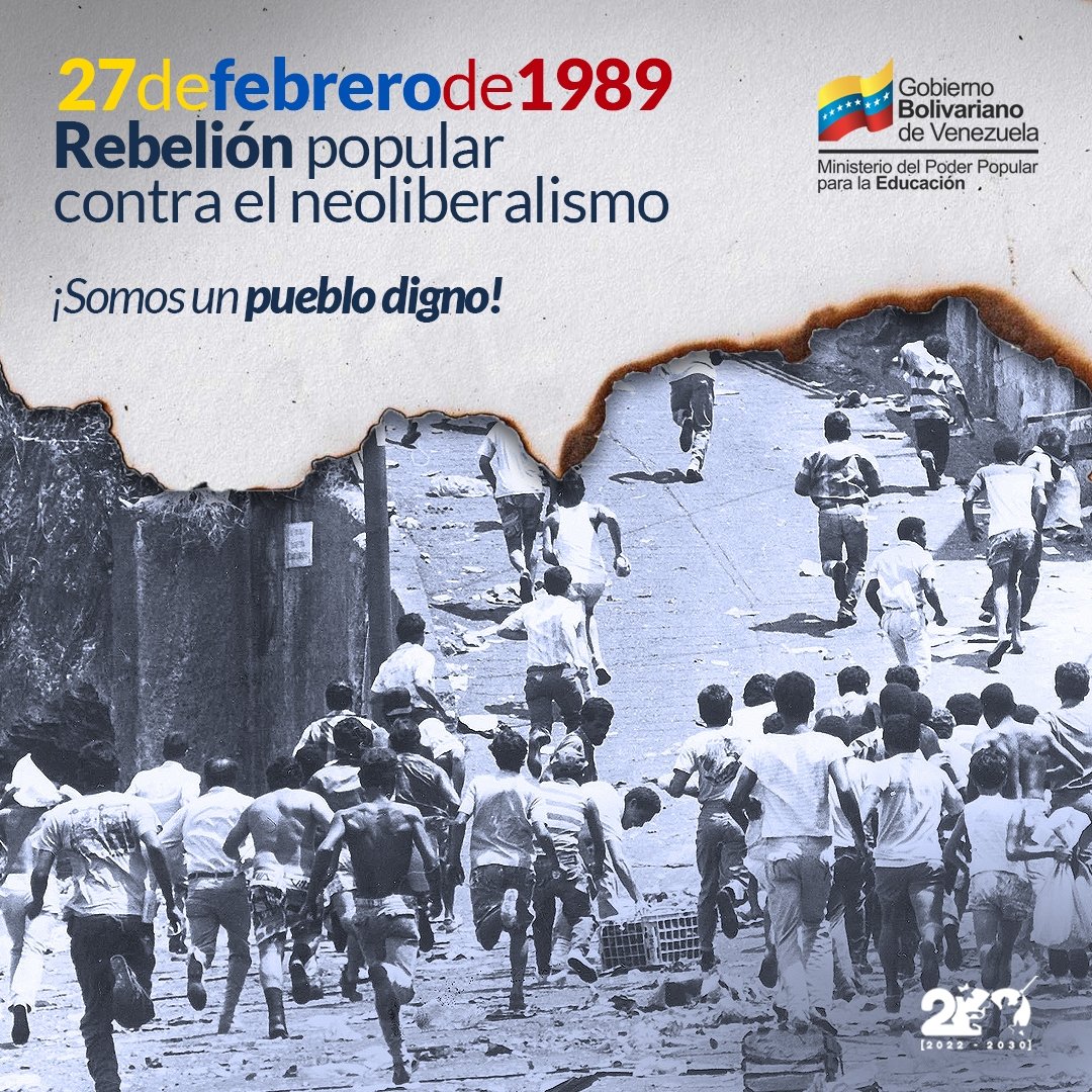 REDINTSS's tweet photo. @REDINTSS
¡Una lucha para la historia!

Hace 34 años ocurrió un hito:  se derrotó al puntofijismo y sus medidas neoliberales. Hoy, millones alzamos la voz contra el imperialismo y la oligarquía local.

¡El pueblo venezolano tiene memoria, venceremos!

#27FRebeliónAntimperialista https://t.co/uHDIkaJoHP