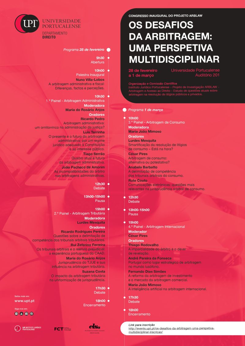 Esta Quarta-feira estarei no Congresso “Os desafios da Arbitragem: Uma perspetiva multidisciplinar”, uma organização do Instituto Jurídico Portucalense, para falar da reforma da arbitragem de investimento e do mercado da arbitragem comercial. Mais info: upt.pt/noticias/os-de…