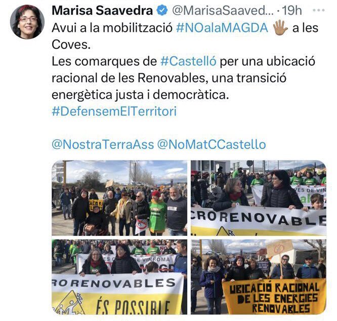 MarisaSaavedraM's tweet photo. Molta satisfacció per l’èxit de la mobilització d’ahir a les Coves! 👏🏽👏🏽 Encara que no ens nomenen al diari, #UnidesPodem vam estar allí donant suport, exigint una ubicació racional de les Renovables i respecte al món rural! ✊🏽
#NOalaMAGDA
@NostraTerraAss
@NoMatCCastello
@Podem https://t.co/b2vYDkYr5u