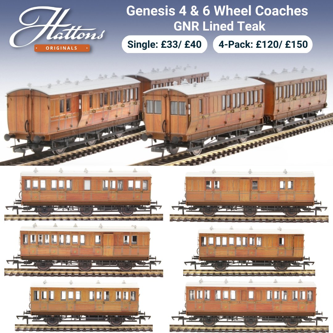 HattonsModels's tweet photo. 🚂 Our beautiful GNR lined Teak liveried Genesis 4 &amp; 6 wheel coaches are now in stock! Strictly limited quantities are available. Order yours from £33: https://t.co/NCO4T3WSVV https://t.co/iJ8eASXiwy