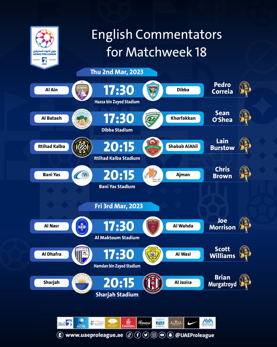 ADNOC Pro League (@uaeproleague_en) on Twitter photo This is going to be a lot of fun 🔥
🎤 Your English commentators for MW 1️⃣8️⃣ fixtures are 👇🏻
#ADNOCProLeague ⚽
<a href="/seanoshea82/">Sean O'Shea</a> This is going to be a lot of fun 🔥
🎤 Your English commentators for MW 1️⃣8️⃣ fixtures are 👇🏻
#ADNOCProLeague ⚽
<a href="/seanoshea82/">Sean O'Shea</a>