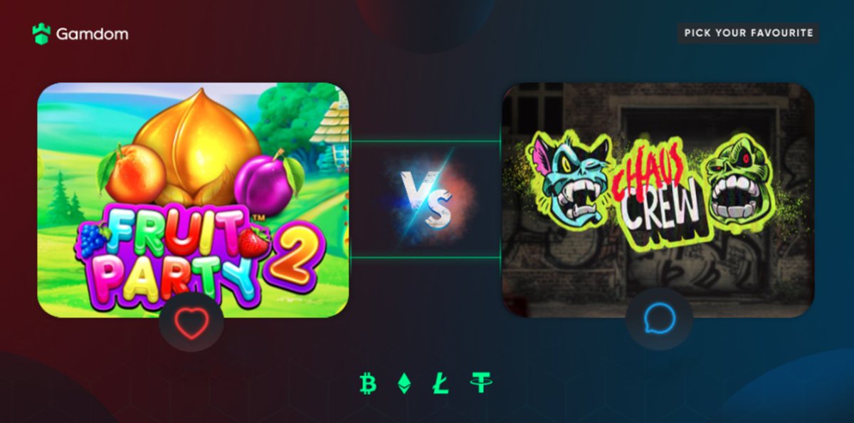 gamdom's tweet image. ⚔️ Round 16 (1): Fruit Party 2 vs Chaos Crew ⚔️

Which game will win and move to the QuarterFinals? 🧐 Vote Now!

---

LIKE = Fruit Party 2
Comment = Chaos Crew
1 vote &amp;amp; must RT

--

💸 10 participants will win a bonus buy on the winning game 🤑

Voting ends on 28th at 15:00 CET