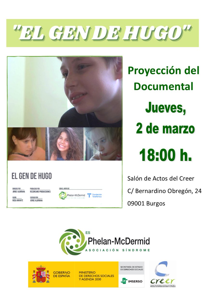 🎞 Proyección del Documental «EL GEN DE HUGO»
Con motivo del #DiaMundialEnfermedadesRaras y del 10º Aniversario de <a href="/PhelanMcDermid/">Asociación Síndrome de Phelan McDermid España</a> 
🗓Jueves 2 de marzo
🕕18:00 h
📍<a href="/CentroCREER/">Creer Imserso</a> <a href="/Imserso/">Imserso</a>
#ElGendeHugo #sindromephelanmcdermid #phelanmcdermid #sindromephelan #22q13 #EnfermedadesRaras