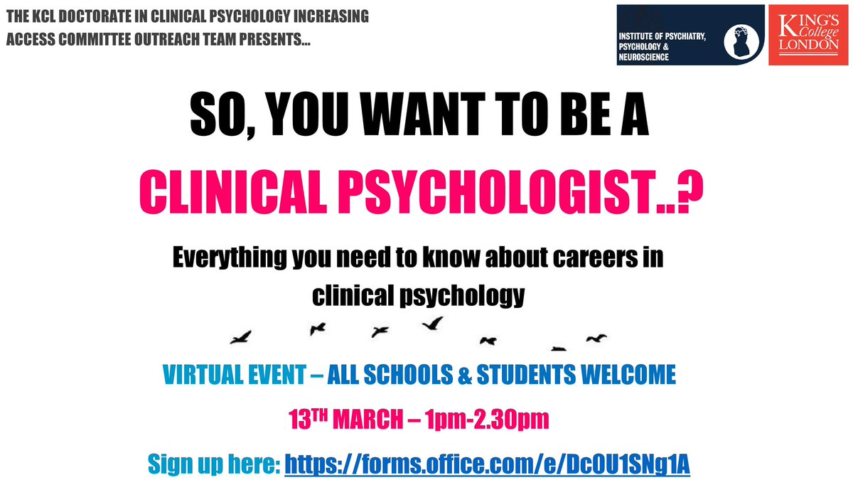 HannahCocker's tweet image. Our ONLINE event is coming up soon on March 13th! If you or your students are interested in finding out about working as a Clinical Psychologist or our journeys on to the DClinPsy then there’s still time to sign up here: forms.office.com/e/Dc0U1SNg1A

All schools across the UK welcome!