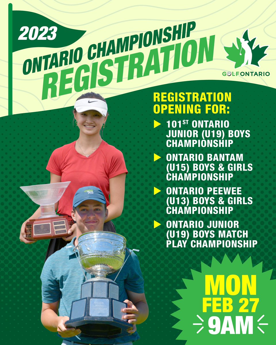 Golf Ontario (@thegolfontario) on Twitter photo Four more Golf Ontario championships open for registration today at 9 AM.
The 101st Jr Boys at <a href="/ClubatBondHead/">The Club @ Bond Head</a> , Bantam Boys & Girls at <a href="/SawmillGolf/">Sawmill Golf Course</a> , Peewee Championship at <a href="/SouthMuskokaCGC/">South Muskoka Curling & Golf Club</a> & the Jr Boys Match Play at <a href="/PortHopeGolf/">Port Hope Golf</a>
🔗 in Bio
#golf #golfontario #ontariogolf Four more Golf Ontario championships open for registration today at 9 AM.
The 101st Jr Boys at <a href="/ClubatBondHead/">The Club @ Bond Head</a> , Bantam Boys & Girls at <a href="/SawmillGolf/">Sawmill Golf Course</a> , Peewee Championship at <a href="/SouthMuskokaCGC/">South Muskoka Curling & Golf Club</a> & the Jr Boys Match Play at <a href="/PortHopeGolf/">Port Hope Golf</a>
🔗 in Bio
#golf #golfontario #ontariogolf