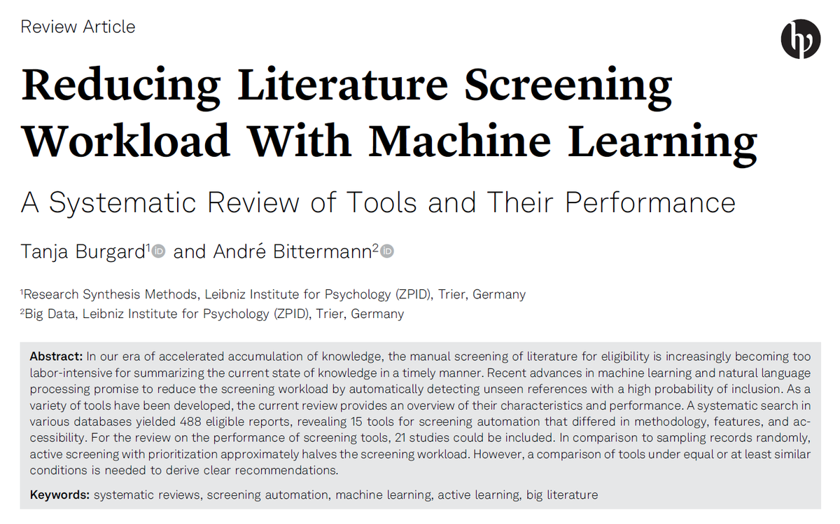 In our recent systematic review of 15 tools, we found that #MachineLearning yields a high potential to reduce screening time, especially for reviews with many candidate papers.

📜 doi.org/10.1027/2151-2…

#OpenAccess #ResearchSynthesis #ML