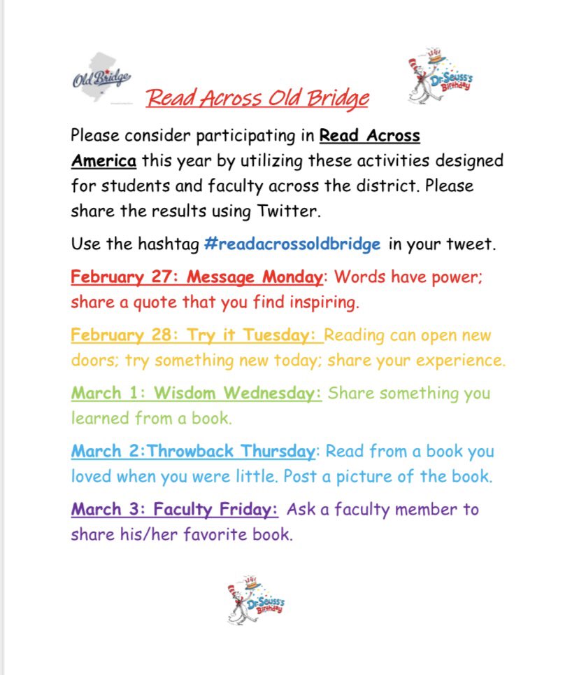 Join our district wide #readacrossoldbridge celebration this week! <a href="/OBREADINGSPEC/">OBPS Instructional Coach</a> <a href="/obhs_announce/">OBHS Announcements</a> <a href="/OBHSEHS1/">OBHS ENGLISH HONOR SOCIETY</a> <a href="/celentano_rocco/">Rocco Celentano</a> <a href="/FazioSally/">Mrs. Fazio 💜</a> <a href="/OldBridgeTPS/">The Bridge</a>