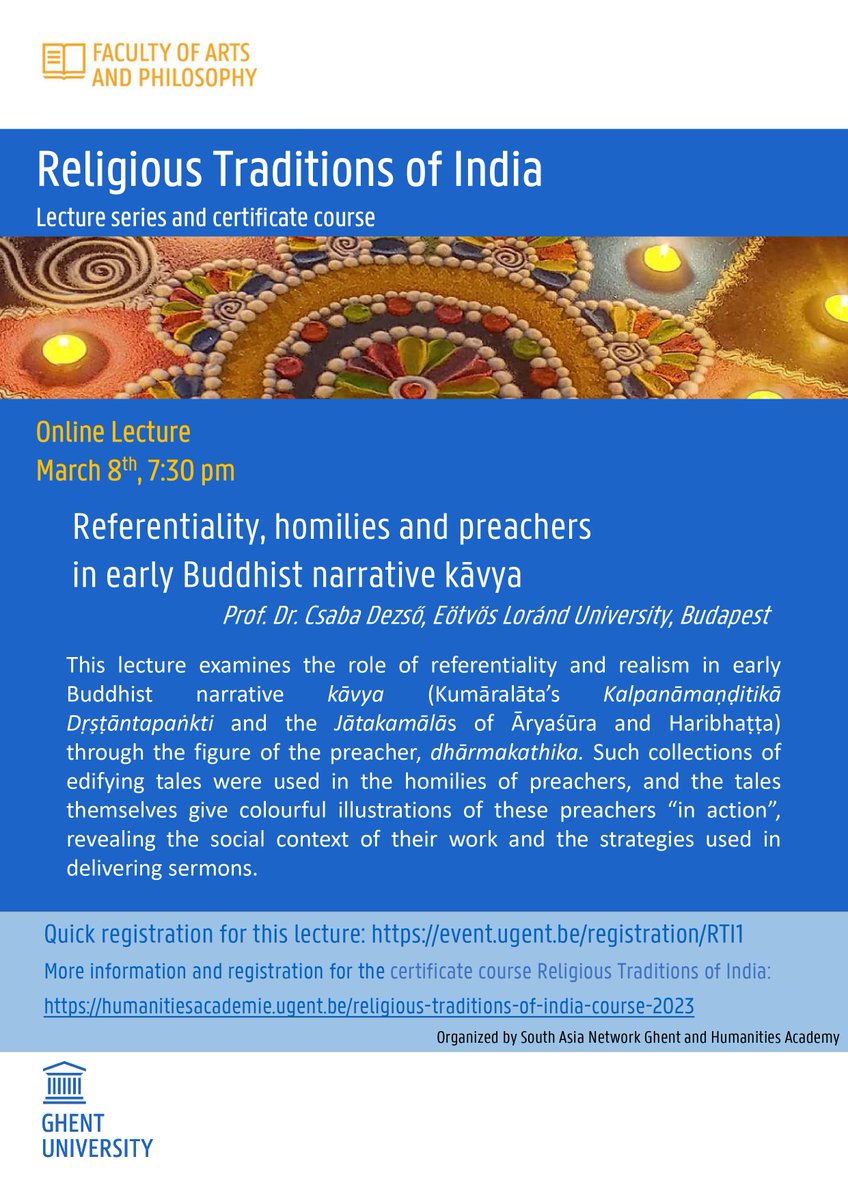 GentIndia's tweet photo. On March 8th, our new lecture series starts with Csaba Dezso speaking on #Buddhist #kavya. For the certificate course, check the https://t.co/NyBAgPBLTJ website. For simple registration Dr. Dezso lecture: https://t.co/Vorxfr5CvP https://t.co/RUa42ozhb3