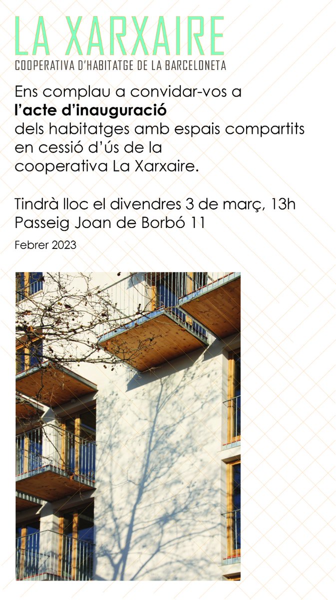 Aquest Divendres a les 13h inaugurem l'edifici de La Xarxaire! 🙃

Ens fa molta il·lusió comptartir-ho amb totes les que ens heu donat suport per fer possible aquesta aventura. Visca la vida cooperativa i transformadora!

Us hi esperem!