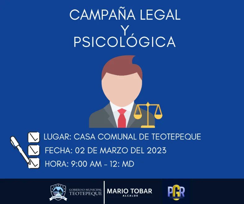 TCnelMariotobar's tweet photo. ⚖️|| ALCALDE MARIO TOBAR
La alcaldía y nuestro alcalde José Mario tobar en coordinación con la Procuraduría General de la República se llevará a cabo jornada de asesoramiento LEGAL y PSICOLÓGICO.
#marioTobar https://t.co/A3eu6yKePT