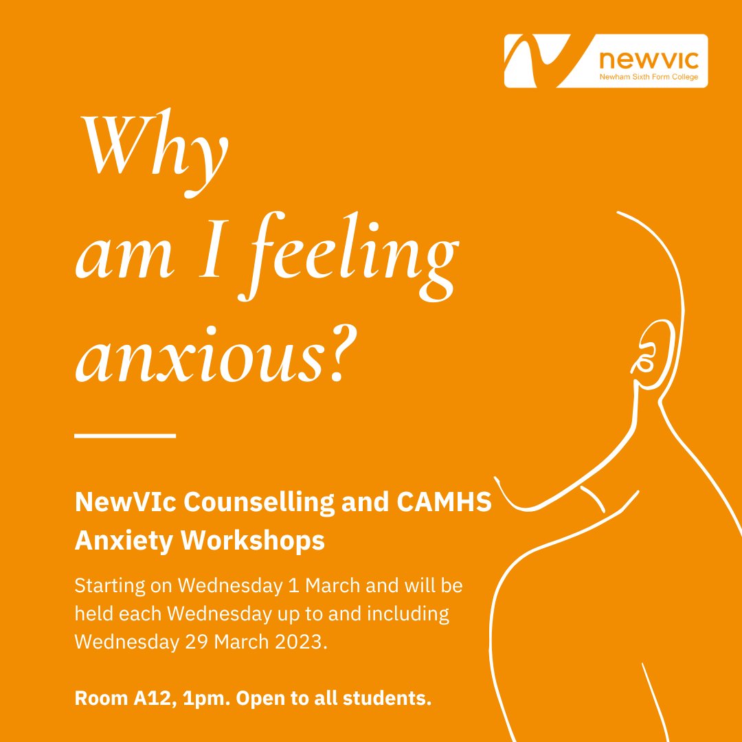 NewVIc (@newhamsixthform) on Twitter photo NewVIc, in partnership with <a href="/CamhsNewham/">NewhamCAMHS</a> is running a series of Anxiety Workshops starting from Wednesday 1 March and will be held each Wednesday.
If you feel that this would benefit you, please come to A12 on 1 March at 1pm.
Please email dchanner@newvic.ac.uk for more info. NewVIc, in partnership with <a href="/CamhsNewham/">NewhamCAMHS</a> is running a series of Anxiety Workshops starting from Wednesday 1 March and will be held each Wednesday.
If you feel that this would benefit you, please come to A12 on 1 March at 1pm.
Please email dchanner@newvic.ac.uk for more info.