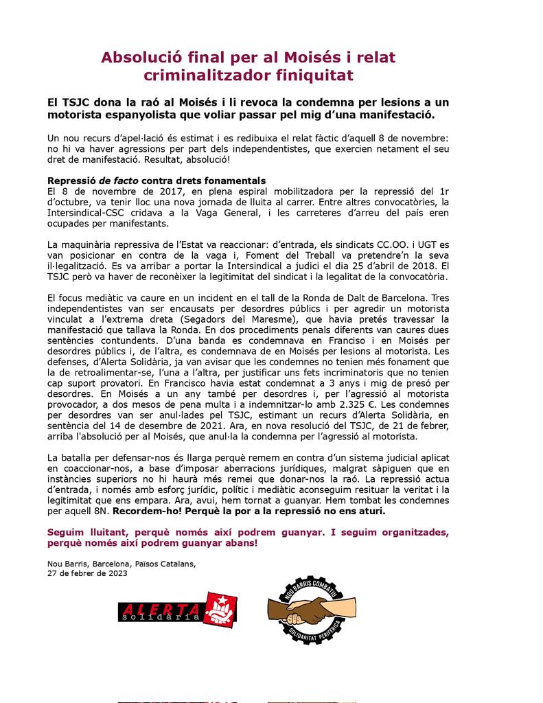 Després de 5 anys de lluita i patiment, finalment en Moisès a quedat ABSOLT!!

Una vegada més s'ha pogut demostrar que manifestar-se no és cap delicte! I que l'agressor vinculat a l'extrema de dreta mentía!!!

Gràcies a totes aquelles que ens heu donat suport durant aquest temps!