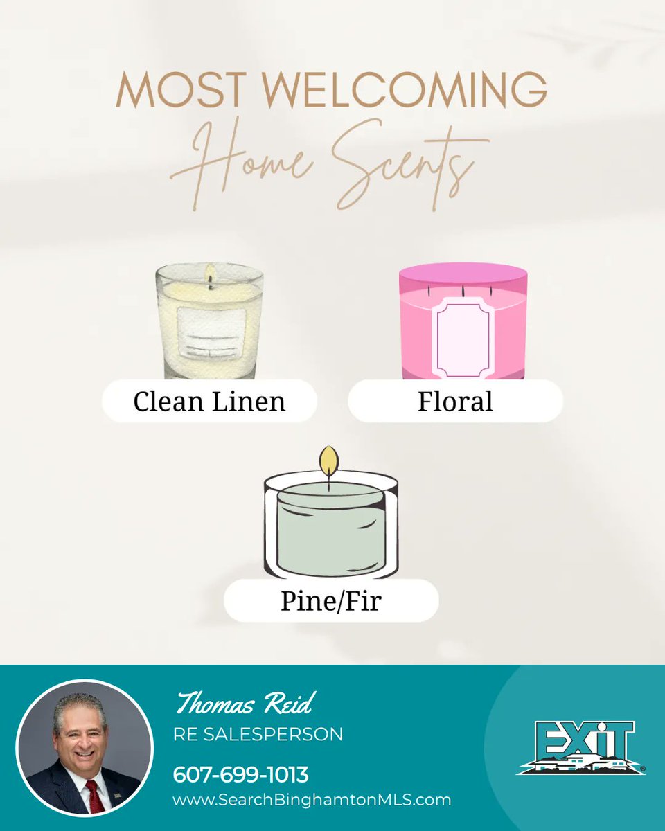 Burning a candle an hour before having company removes any lingering smells from cooking, pets,and other odors. What is your preferred home scent?
#HomeScents #HomeSweetHome #Candles #Binghamton #exitrealty #binghamtonhomes #southerntier #iguide #iguideexpert #floorplans #3dtours