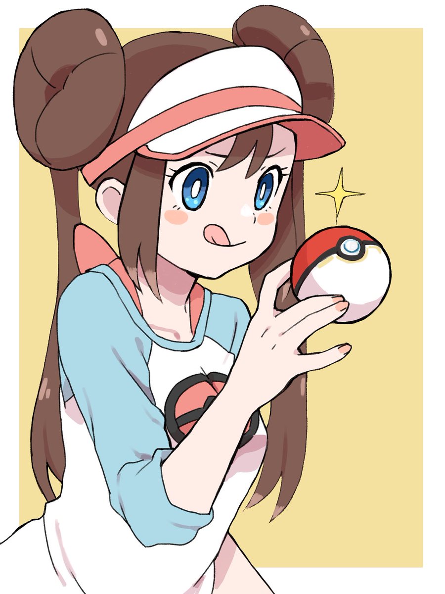rosa (pokemon) 1girl poke ball tongue solo poke ball (basic) brown hair double bun  illustration images