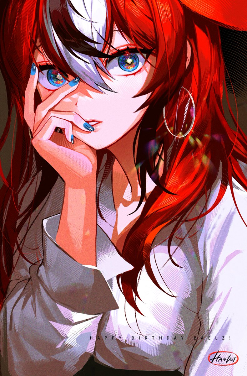 hakos baelz 1girl solo red hair hoop earrings blue eyes earrings jewelry  illustration images