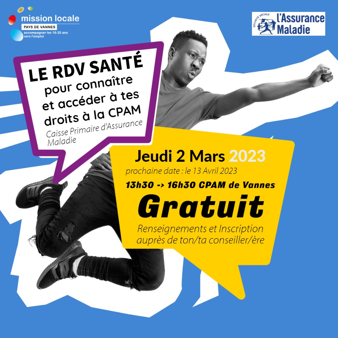 📆le RDV accès aux droits santé avec la CPAM du Morbihan.
A la #missionlocale, nous savons que faire valoir ses droits santé, #cestunemission...c'est pour cela qu'être attentif aux démarches administratives et à la santé des #jeunes que nous accompagnons, #cestnotremission. 🧐