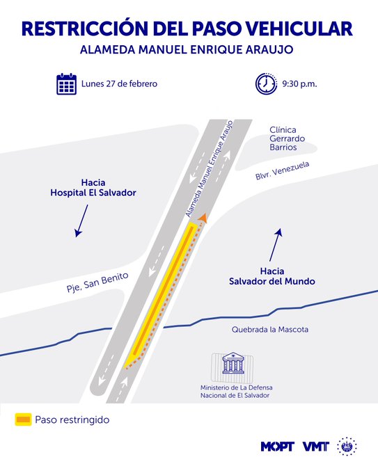 alertux's tweet image. #TraficoSV El @VMTElSalvador informa que este lunes 27/Febrero a las 9:30 p.m. restringirán el paso en un carril de la alameda Manuel E. Araujo, antes de la intersección con el Blvd. Venezuela, debido a pruebas del sistema de #SemáforosInteligentes y #Fotomultas.