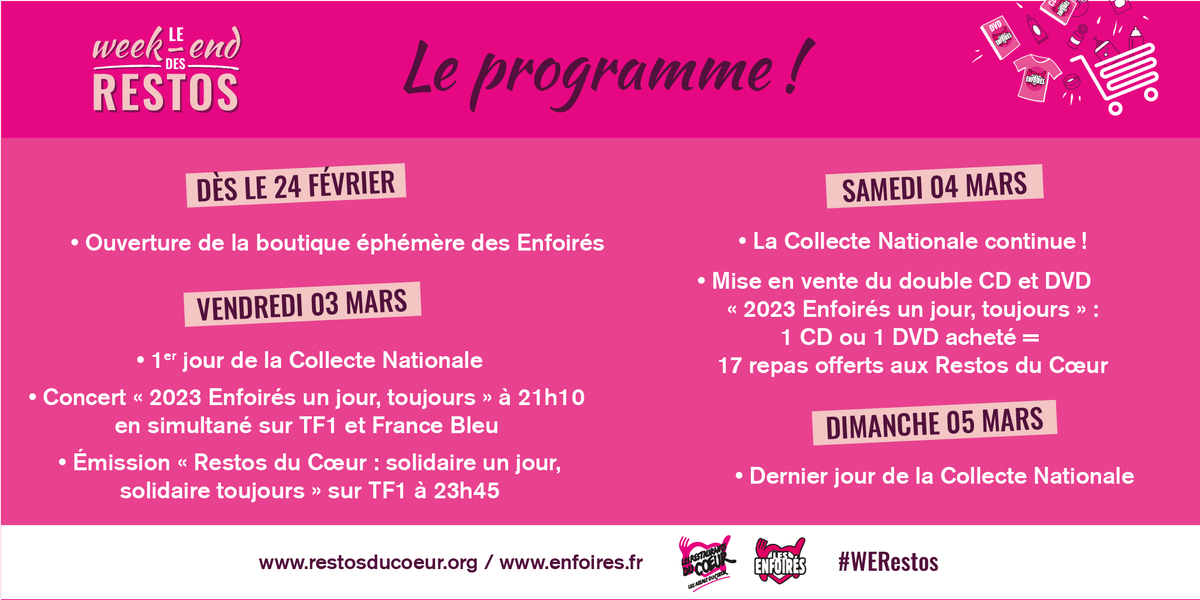 restosducoeur's tweet photo. 📅 Le 03, 04 et 05 mars, soutenez-nous, à votre manière, lors du week-end des Restos : 
Venez nous aider lors de la Collecte Nationale 2023, regardez le concert des Enfoirés, achetez le CD/DVD des Enfoirés…
#OnCompteSurVous #CollecteNationale2023  #WERestos https://t.co/MQa8AH19dt