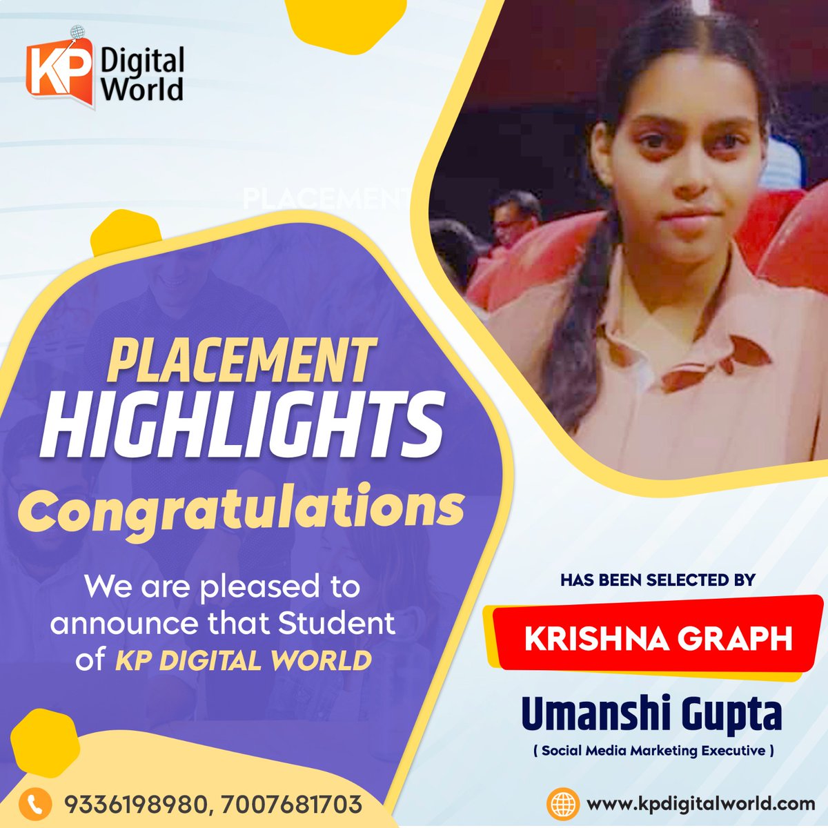 KPDIGITALWORLD's tweet image. We Are Pleased To Announce That The Students Of Kp Digital World Umanshi Gupta Have Been Selected For The Position Of Social Media Marketing Executive At KRISHNA GRAPH.

 #getjob #PlacementHighlights #digitalmarketinginternship #placement #picoftheday #socialmediamarketer