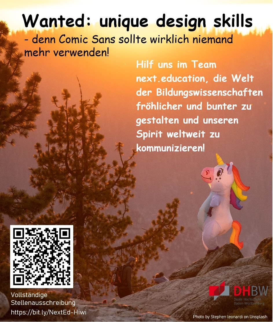 Wir suchen Verstärkung! 💪

Die Arbeitsgruppe #NextEducation der <a href="/DHBW_Karlsruhe/">DHBW Karlsruhe</a> sucht eine studentische Hilfskraft.
Schick uns deine aussagekräftige Bewerbung. Wir freuen uns darauf von dir zu hören!

➡️Ausschreibung: next-education.org/stellenanzeige…
⚡Unser Team: next-education.org