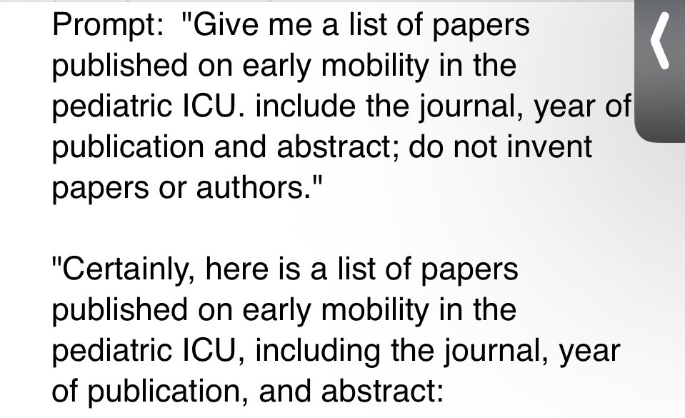 SapnaKmd's tweet photo. We asked #ChatGPT:

“Give me list of papers published on early mobility in pediatric ICU. include journal, year of publication &amp; abstract; do not invent papers or authors.”

EVERY PAPER LISTED IS FAKE w/fabricated author lists &amp; abstracts. 🤯 *Thread* 🧵 1/

#PedsICU #ICUrehab https://t.co/iE9xu7X0Kf