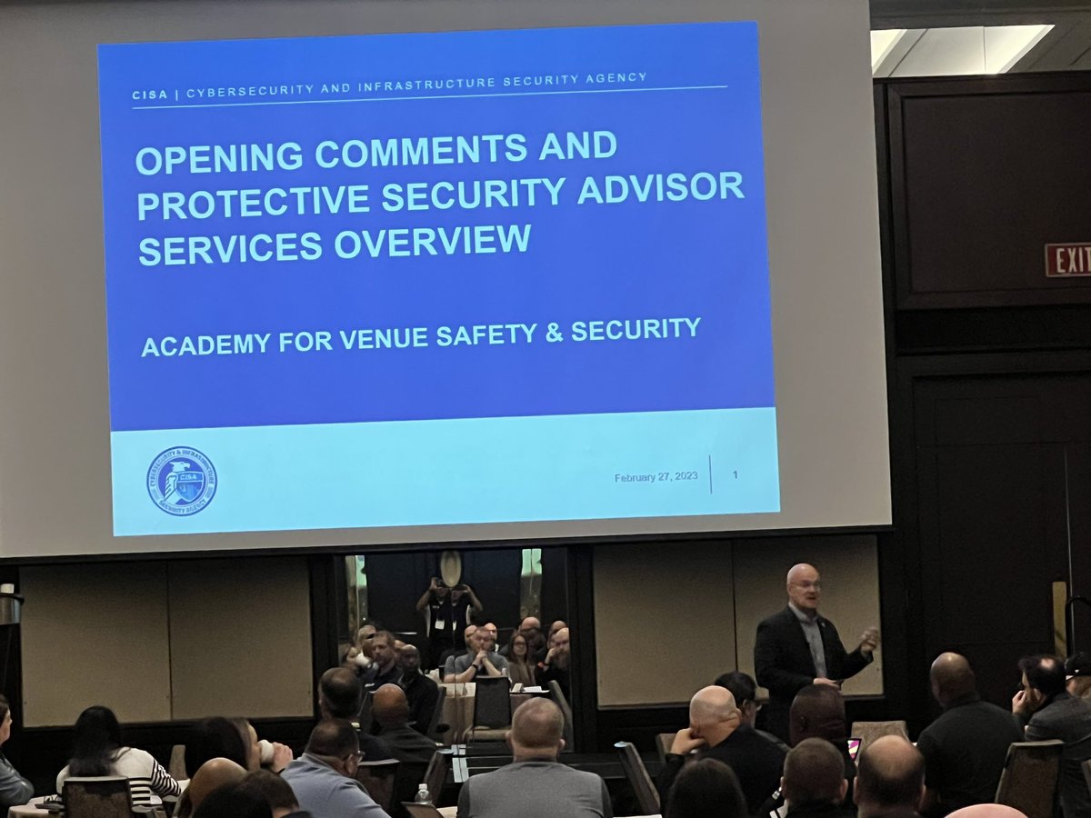 IAVM_Herrera's tweet photo. #AVSS2023 #AVSS23 day 2 begins with Bob Winters DHS Cyber Security and Infrastructure Security Agency Protective Security Advisor. Critical infrastructure protection through public/private partnerships #CISA @DHSgov @Gate_15_Analyst @andyjabbour @JenEasterly @IAVMWHQ https://t.co/AYP6ceDW4r